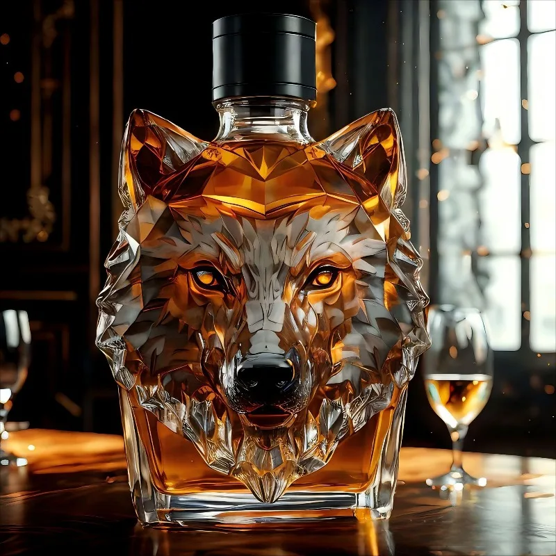 Glass Decanter Whiskey - Hochwertige Borosilikatglas-Flasche in Wolfskopfform, Kreative Dekanter-Flasche,