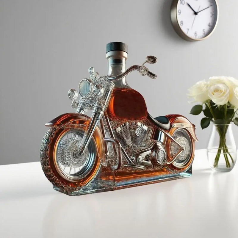 Glass Decanter Whiskey - Motorrad-Stil Whisky-Dekanter, Handgefertigte Glas-Whiskey-Flasche Dekorativ, 3D-Motorradmotor-Design,