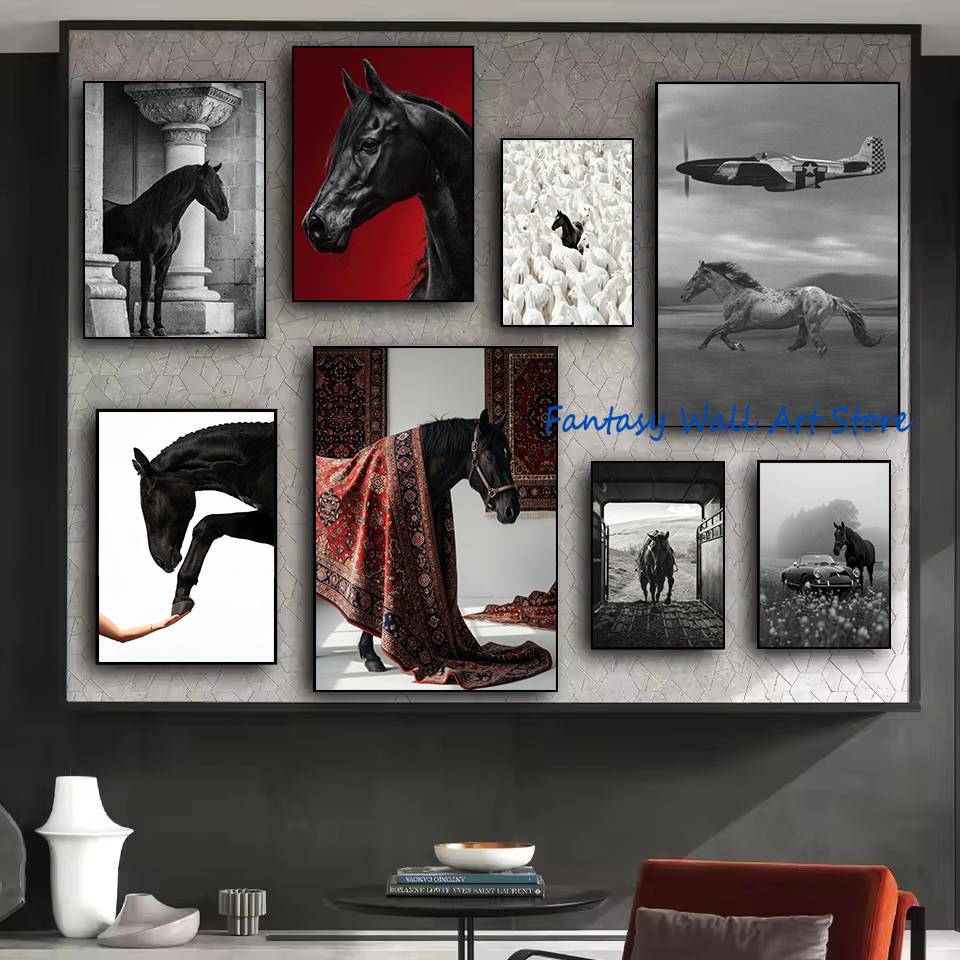 Luxury Lifestyle Japan - Schwarze Pferdefotos Vintage Luxus Wandkunst Robuste